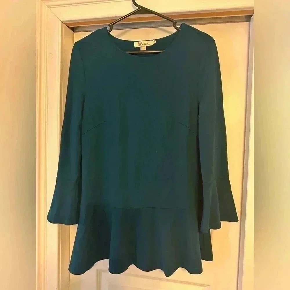 Aryeh Anthropologie Sz M Knit Belle Sleev Peplum Hem Pullover Shirt Blouse Green